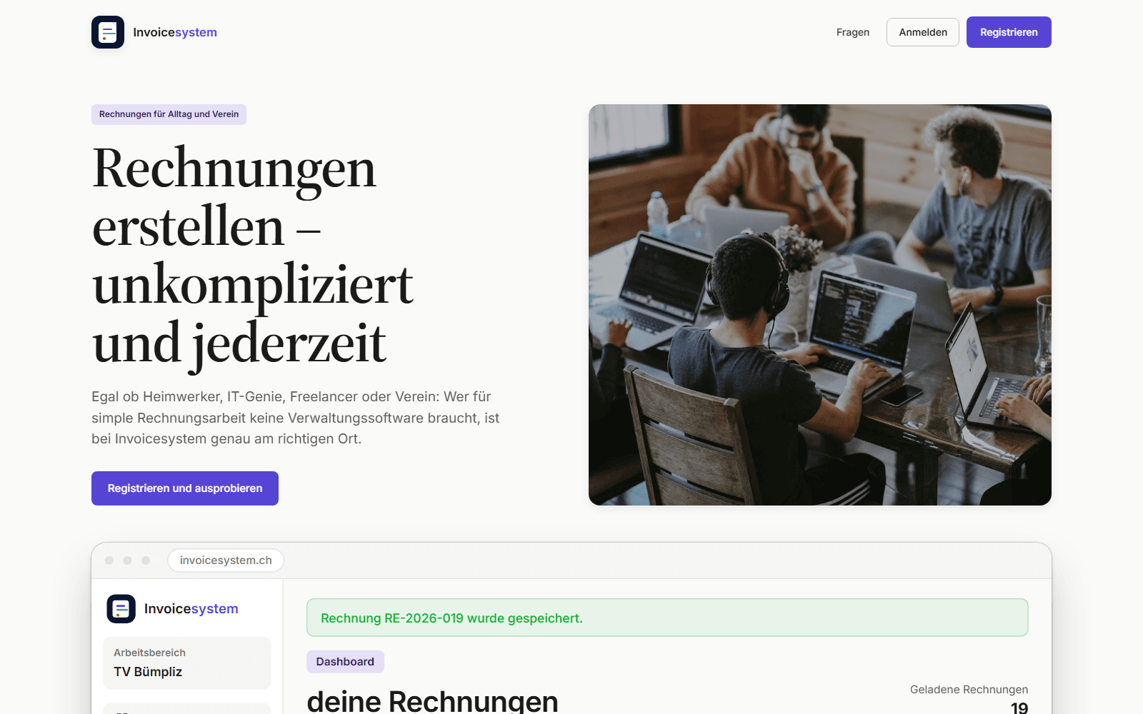 Startseite von invoicesystem.ch: Rechnungen erstellen, unkompliziert und jederzeit.